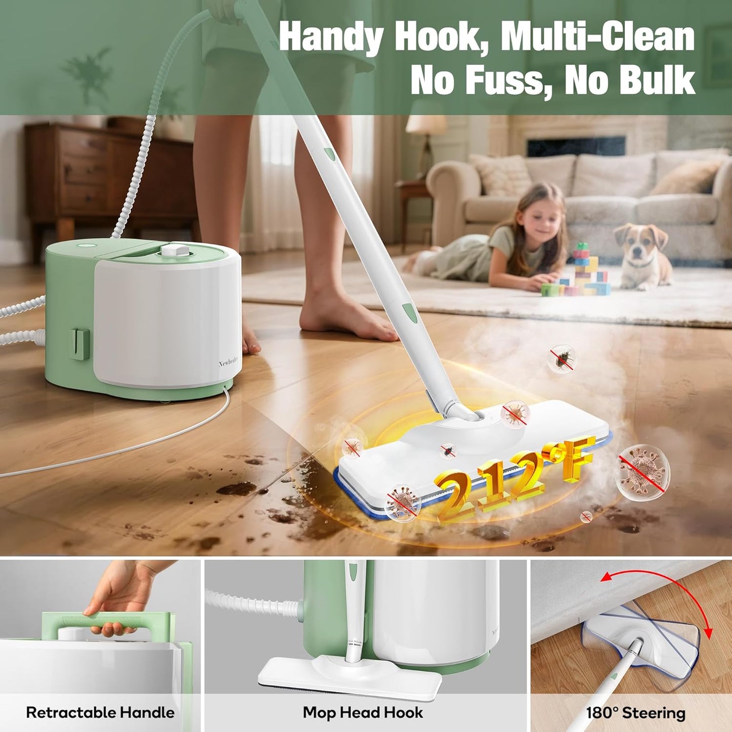 Newbealer Heavy-Duty Steam Cleaner for Home, Stainless Steel Boiler, Steam Mop with 25-Piece Accessories, Max 5 Bar, Multi-Purpose Steamer for Floors, Cars, Furniture, Tiles, and More
