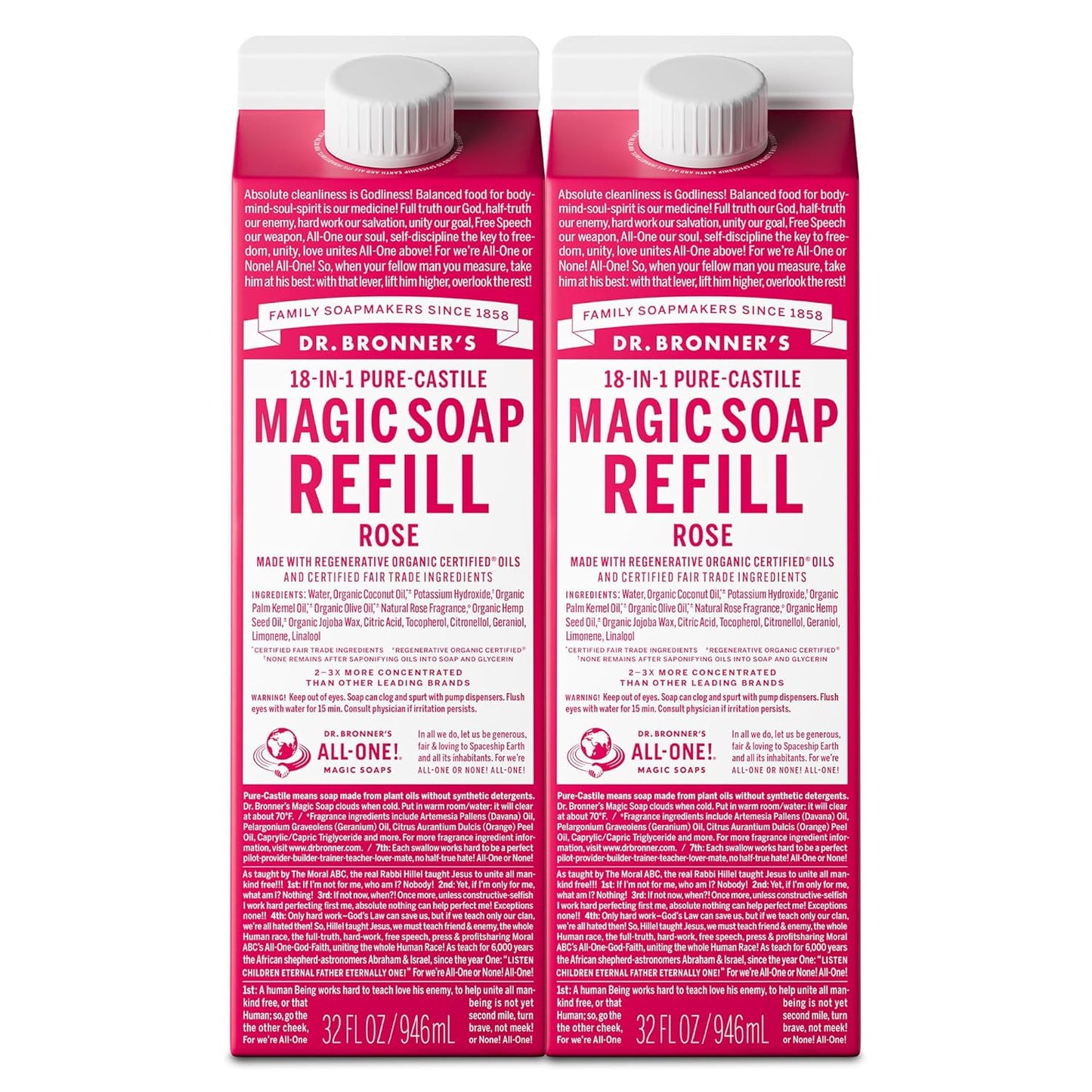 Dr. Bronner's Magic Soap-Pure-Castile Liquid Soap Refill (Rose 32 ounce, 2-Pack)-Regenerative Organic Certified Oils, For Body, Hair, Laundry, Pets & Dishes, Concentrated, Vegan, Non-GMO