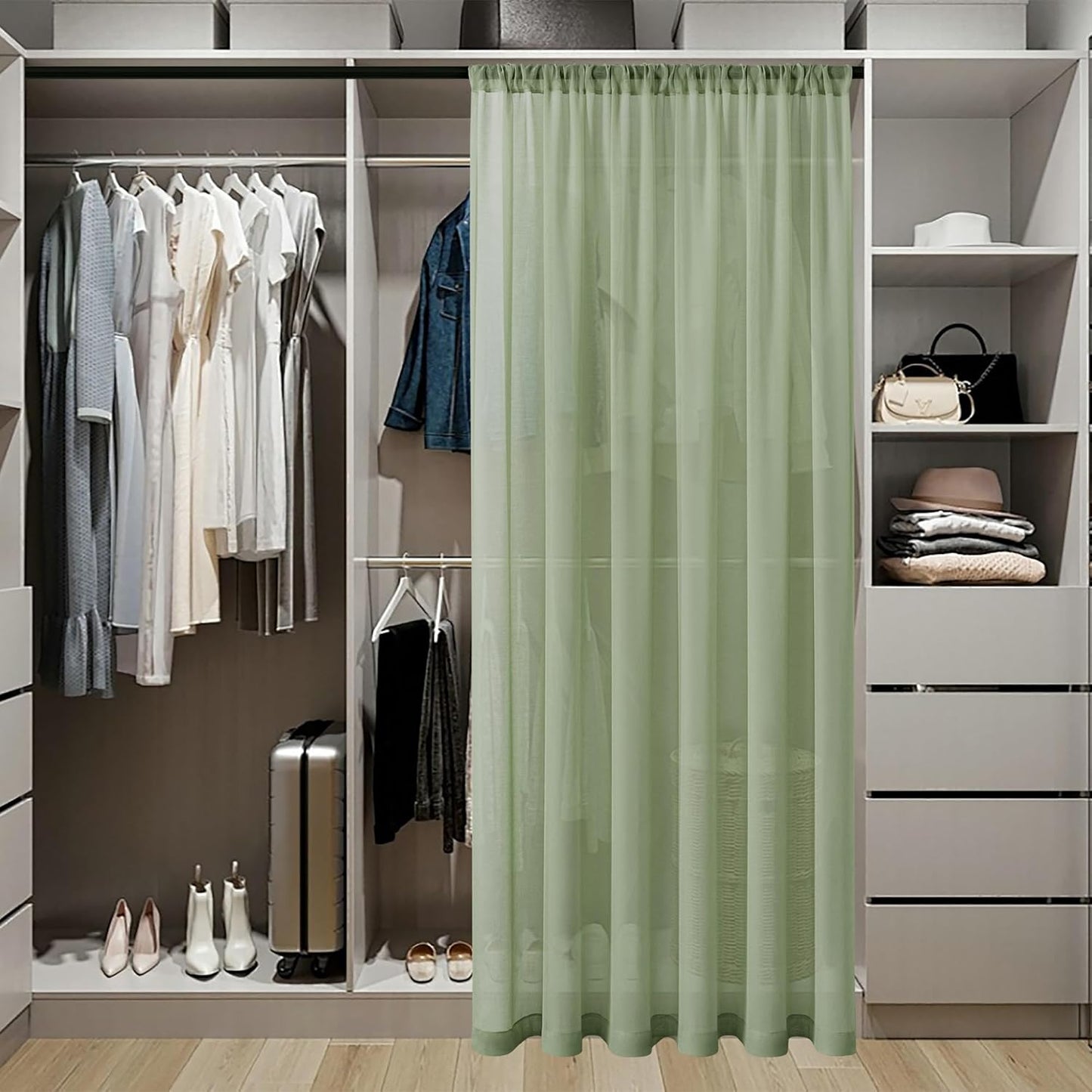 Tollpiz Short Sheer Door Curtains Closet Linen Textured Curtains Sheer Doorway Light Filtering Voile Patio Door Rod Pocket Curtain French Door, 54 x 40 inches Long, Sage Green, Set of 1 Panel