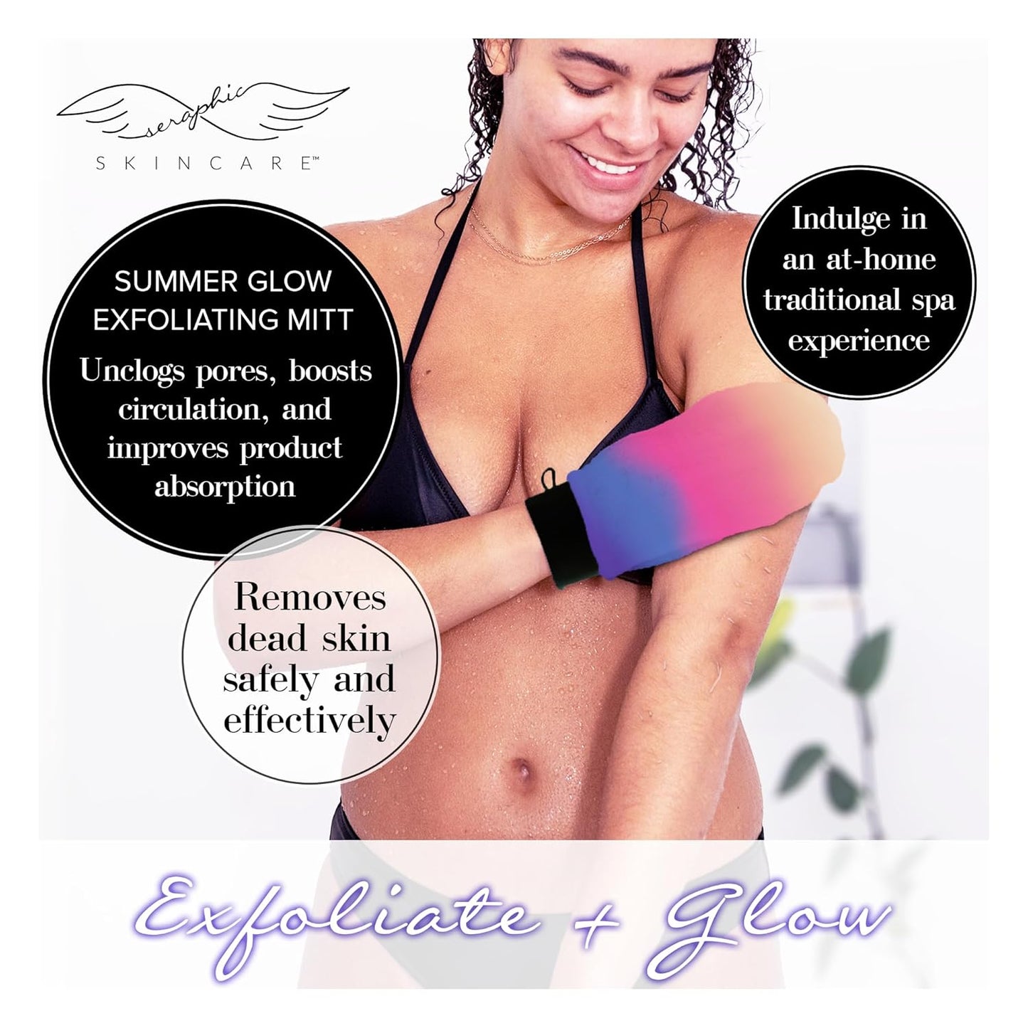 Seraphic Skincare (Summer Glow) Premium Exfoliating Mitt for Body 1pc– 100% Vegan Viscose Traditional Body Scrub Glove Kessa Korean Washcloth – Body Exfoliator for Self-Tan Removal & Keratosis Pilaris