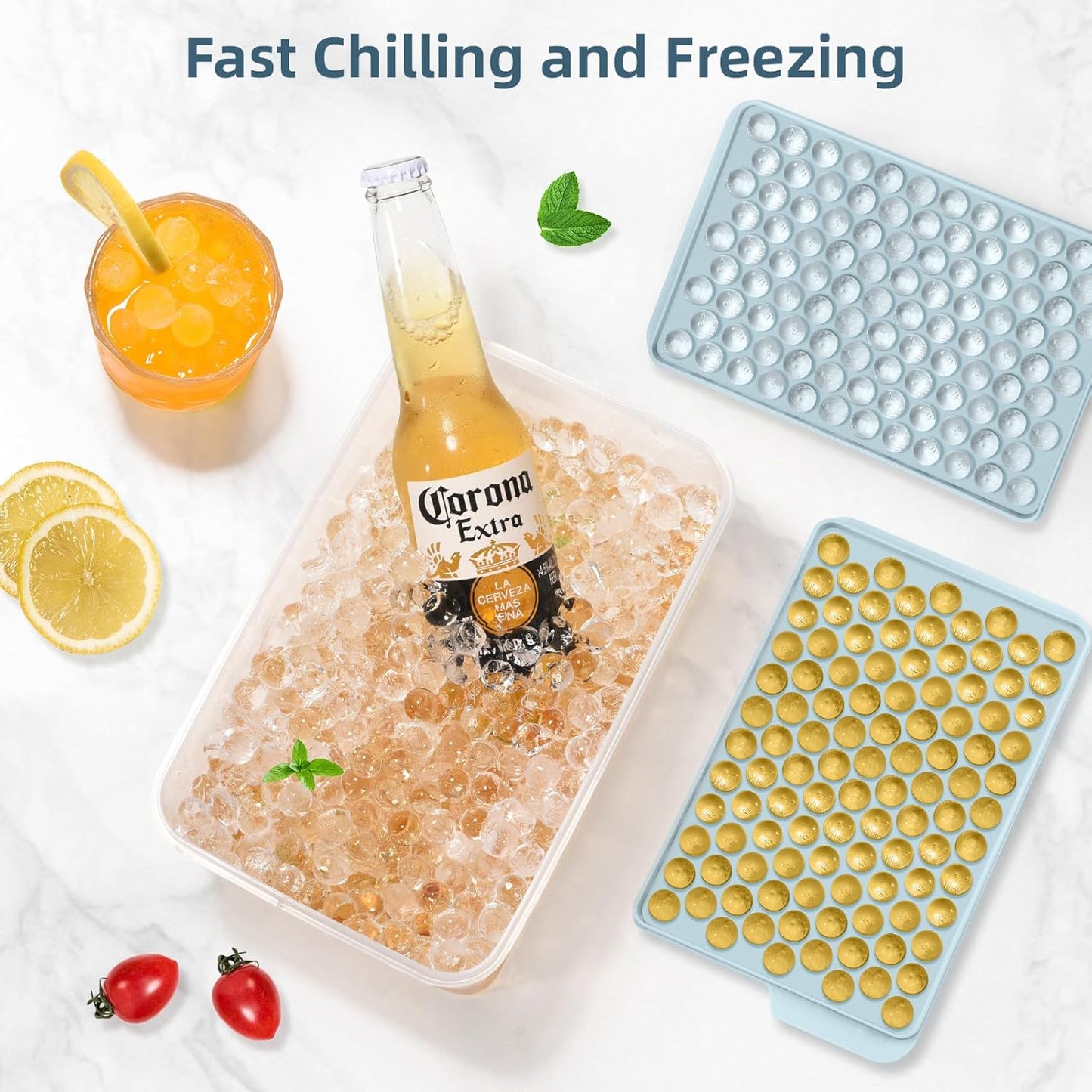 WIBIMEN Mini Ice Cube Trays, Small Tiny Round Pebble Crushed Nugget Ice Trays for Freezer with Lid - Chilling Drinks Coffee Juice(4 Pack/0.55In - Blue)