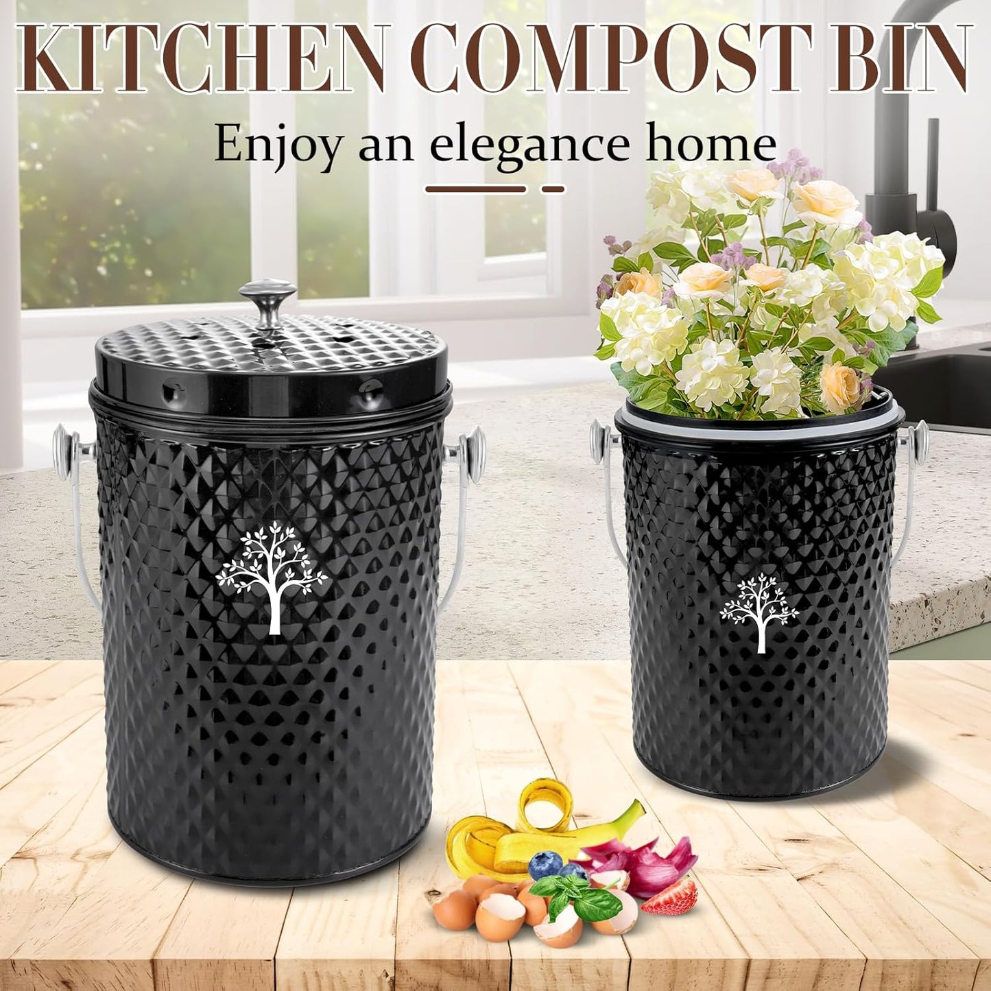 AOSION Countertop Compost Bin Kitchen，Odorless Indoor Compost Bin with Lid and Compost Bags,Compost Bucket Composter Container for Food Waste,Black