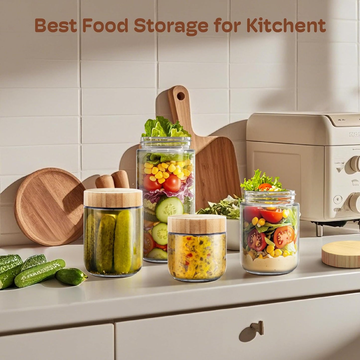 4 Pack 10oz Overnight Oats Containers with Bamboo Lids, Glass Jars with Airtight Lids for Meal Prep, Wide Mouth Mason Salad Jars, Glass Food Storage Container for Yogurt Chia Snacks Spice Sugar