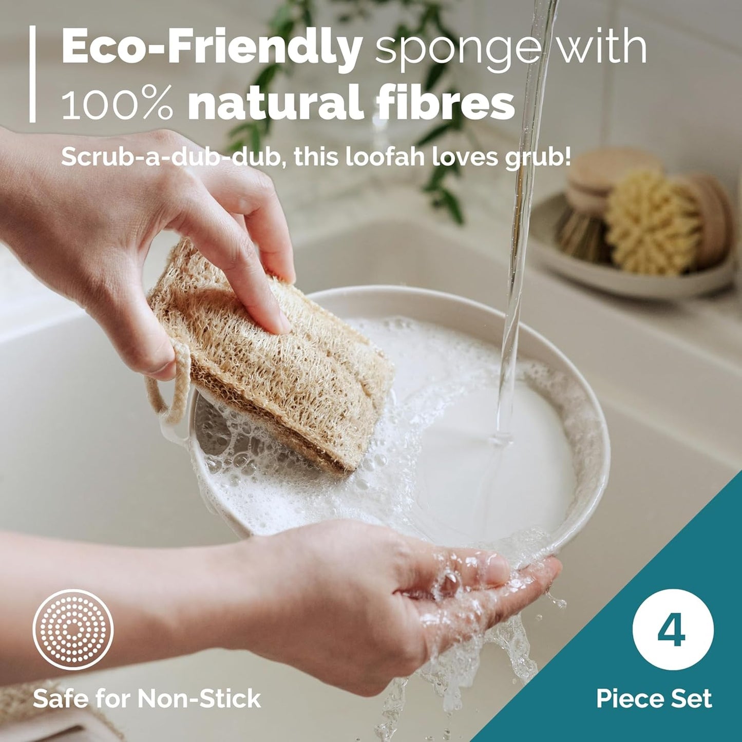 Jungle Culture 4 Piece Bamboo Dish Brush Set for Washing Up • Long Lasting Wooden Dish Brush with 3 Replacement Heads & Loofah Sponge Scourer • Eco Friendly Wooden Scrub Brush for Pots, Pans & Dishes