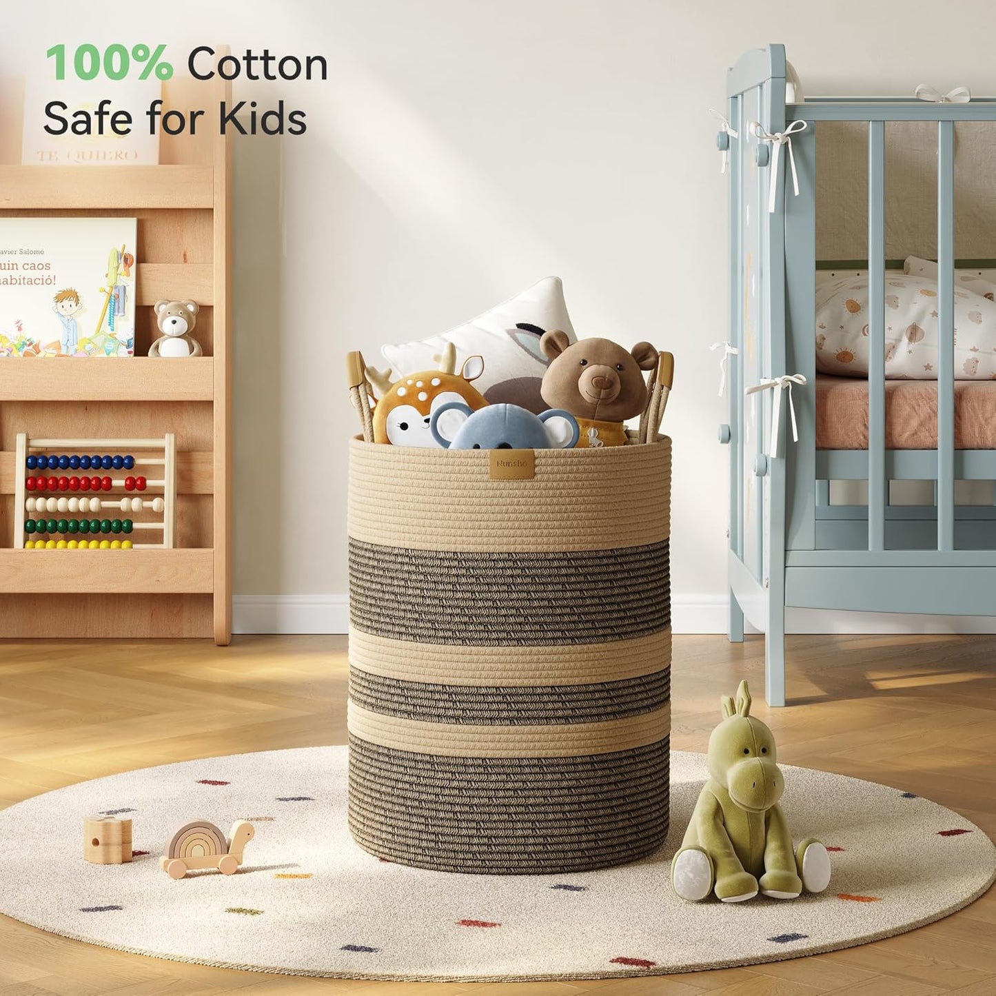 62L Striped Laundry Hamper with Leather Handles,Large Foldable Laundry Basket for Clothes,Cotton Rope Storage Bin for Blankets,Woven Clothes Basket for Bedroom,Dark Brown Stripes