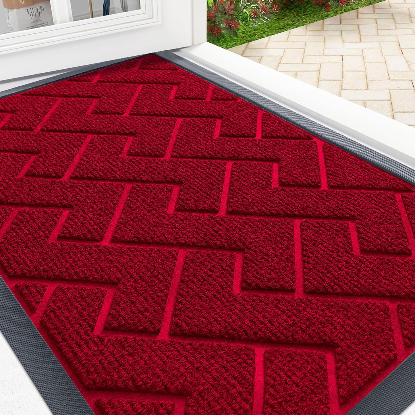 OLANLY Front Door Mat Indoor Outdoor Entrance, Waterproof All-Season, All-Weather Doormat, Sturdy Natural Rubber, Easy Clean Patio Porch Entryway Mat, Herringbone Brick (Wine Red, 29.5x17)