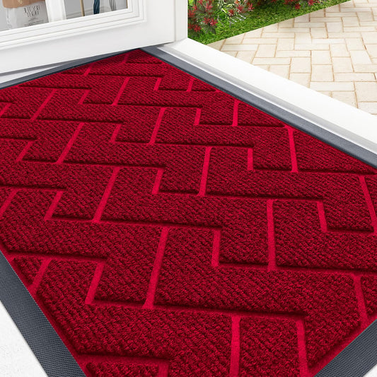 OLANLY Front Door Mat Indoor Outdoor Entrance, Waterproof All-Season, All-Weather Doormat, Sturdy Natural Rubber, Low Profile, Easy Clean Patio Porch Entryway Mat, Herringbone Brick (Wine Red, 47x32)