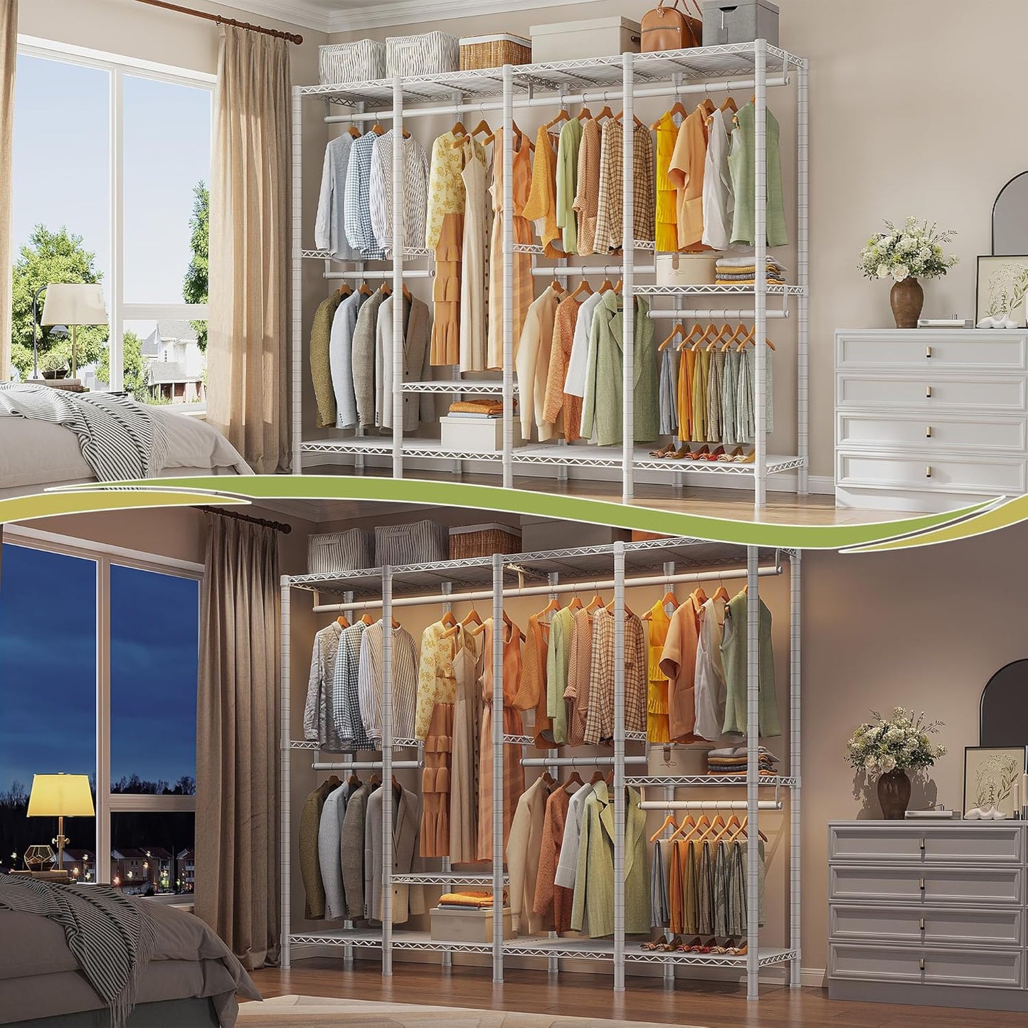 Raybee Heavy Duty Clothes Rack for Hanging Clothes,Clothing Rack with Shelves, Adjustable,76" W x 77" H x 18" D,Max Load 1150lbs,White