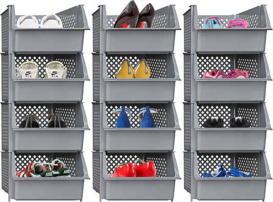 Skywin Plastic Stackable Storage Bins for Pantry, 12 Pack Stackable Bins For Organizing Food, Kitchen, and Bathroom Essentials (Grey)