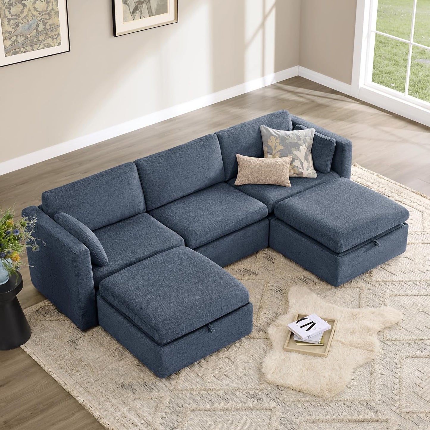 CHITA Oversized Modular Cloud Sectional Sofa Set, FSC Certified U Shaped Couch with Reversible Chaise Modular Sectional Couch, 112 inch Width,5 Seat Modular Sofa Includes 2 Storage Ottomans, Blue
