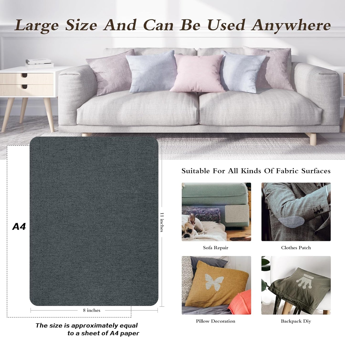 KING MOUNTAIN Fine Linen Repair Patches, Self-Adhesive Linen Fabric Patches, 8X11 inch Extra Size, Multi Color, Can be Used for Linen Sofa Repair and Linen Clothes Repair(8" x 11"-2PCS,Charcoal Gray)