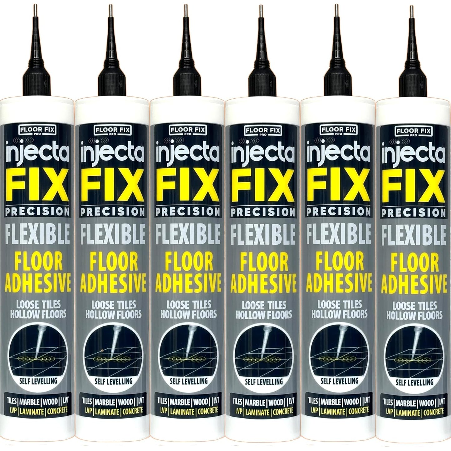 Precision 300ml from Floor-Fix Pro - Fix Loose Tiles - for Loose & Hollow Tiles, Wood, LVT & Laminate - Includes 1.9mm Syringe Tip - Adjustable to 6mm + Anti-Clog Performance (Pack of 6)