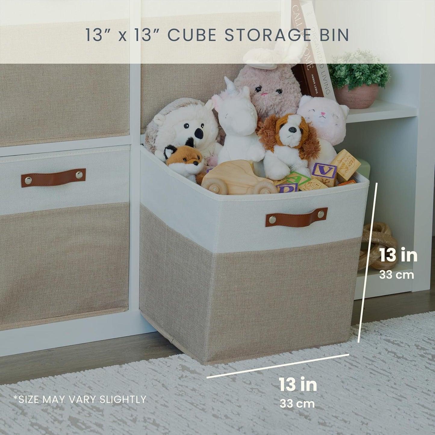 OrganiHaus 13x13 Cube Fabric Storage Bins Set of 4, Fabric Storage Cubes w/ Vegan Handles, 13 inch Collapsible Bins for Clothes & Toy Organizer, Cubbies Organizer, 13x13 Basket for Decor - Beige/White