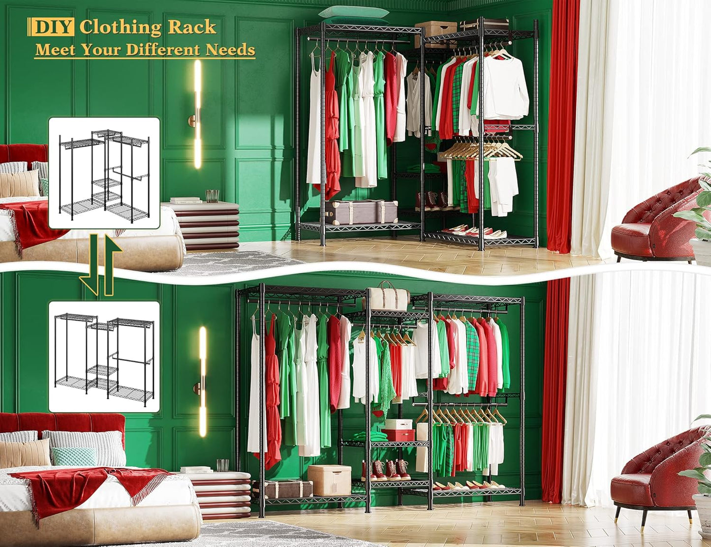 Raybee Clothes Rack, 725 LBS Clothing Rack Adjustable Clothing Racks for Hanging Clothes Metal Wire Garment Racks Sturdy Clothes Rack, 77" H x 70.5" W x 13.8" D, Black