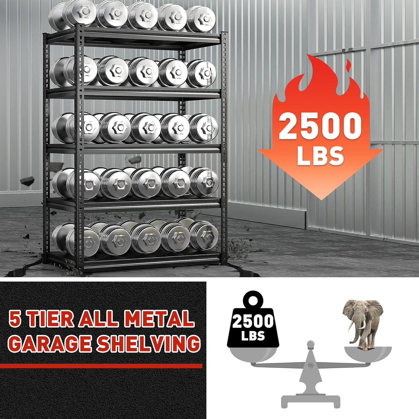 REIBII 72" H Garage Shelving Load 2500 LBS, Heavy Duty Storage Shelves, 5-Tier Adjustable Garage Shelves for Warehouse, Basement, 72" H x36 W x18 D, Black