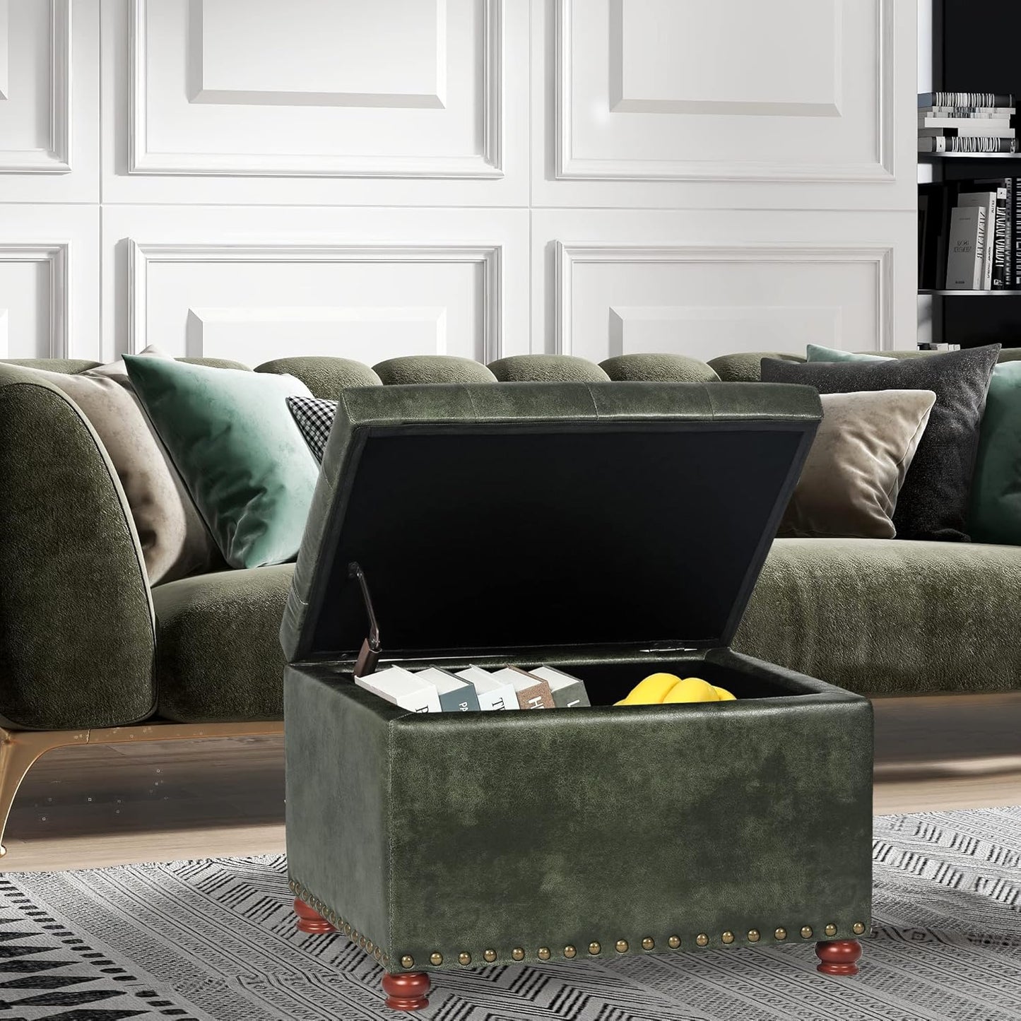 24'' Leather Ottoman with Storage Rectangle Foot Rest Ottomans Stool for Living Room(Green,Leather Texture)