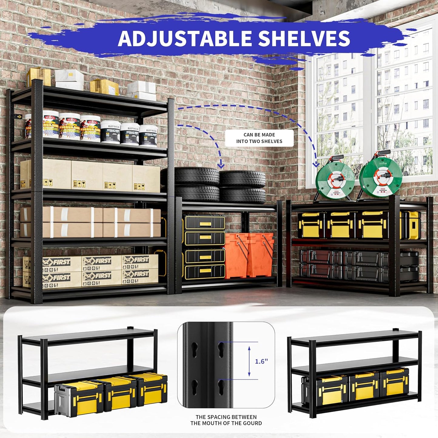 2 Pieces Garage Shelving,87"X48"X24"Inches,Heavy Duty Sturdy Steel Thickened Metal Shelves for Storage,Garage Storage Shelves,Black Shelving Unit Shelf Rack Industrial Shelving Shelf