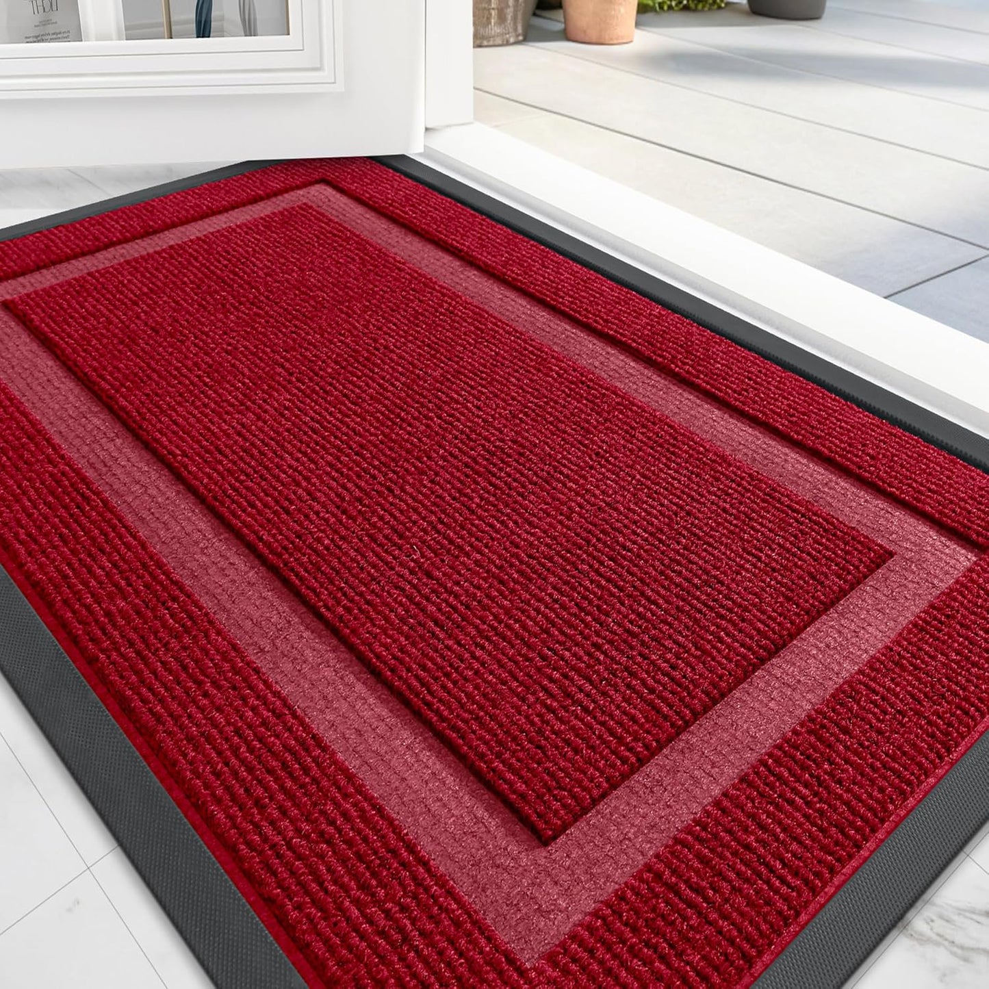 OLANLY Front Door Mat Indoor Outdoor Entrance, Waterproof All-Season, All-Weather Doormat, Sturdy Natural Rubber, Fade Resistant, Low Profile, Easy Clean Patio Porch Entryway Mat, 59x20, Wine Red