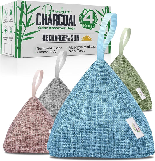 4 Pack Bamboo Charcoal Air Purifier Bags 200 Grams Each - Odor Absorber & Eliminator for Home, Car, Pets, Activated Charcoal Natural Freshener, Eco-Friendly & Reusable Designer Colors)