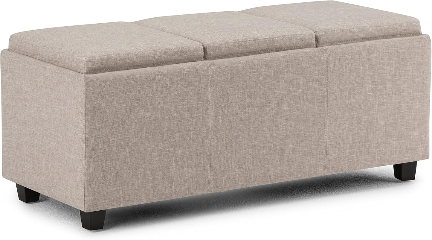 SIMPLIHOME Avalon 42 inch Wide Contemporary Rectangle Storage Ottoman in Natural Linen Look Fabric, Assembled, for the Living Room, Entryway and Family Room