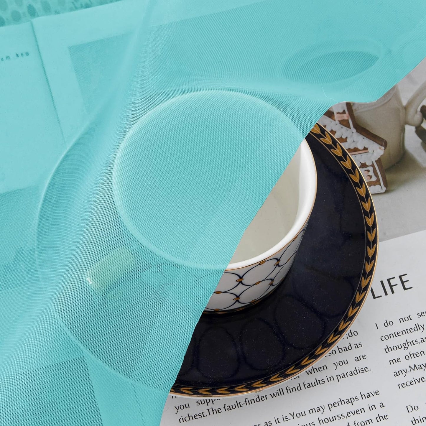 Chyhomenyc Turquoise Sheer Curtains 36 inch Length 2 Panels, Light Filtering Voile Rod Pocket Short Window Curtians for Bathroom Living Room Farmhouse Small Windows, 42Wx36L inches