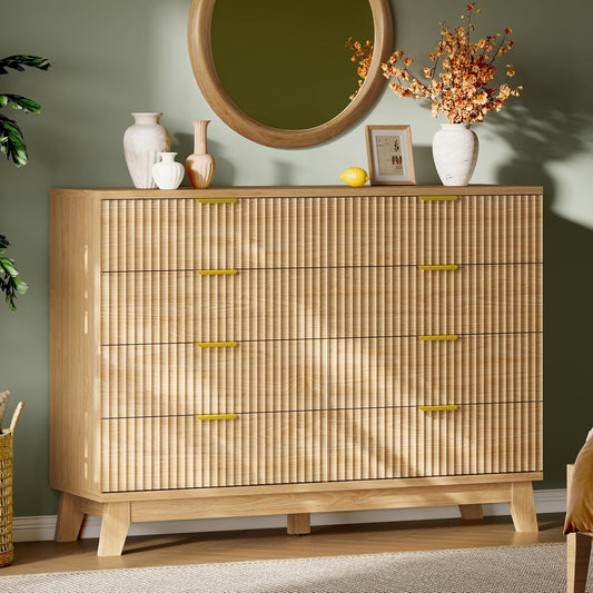 Fluted Dresser with 8 Drawers, 54" Wide Modern Chest of Drawers with Metal Handle, Wooden Dresser TV Stand, Wood Closet Clothes Storage Organizer for Bedroom, Living Room, Hallway, Natural Oak