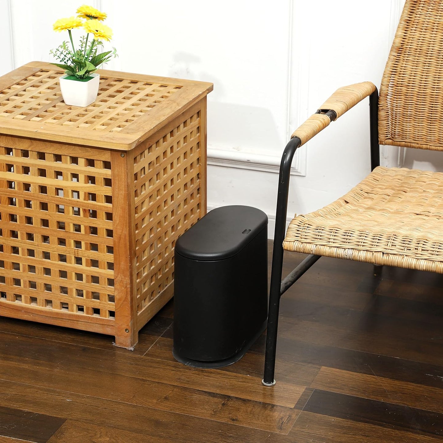 Black Slim Bathroom Trash Can with Press Top Lid,12 Liter Small Thin Garbage Can,3.17 Gallon Narrow Dog Proof Plastic Waste Basket and Covered Wastebasket for Room,Bedroom,Kitchen,Toilet,Office,Dorm