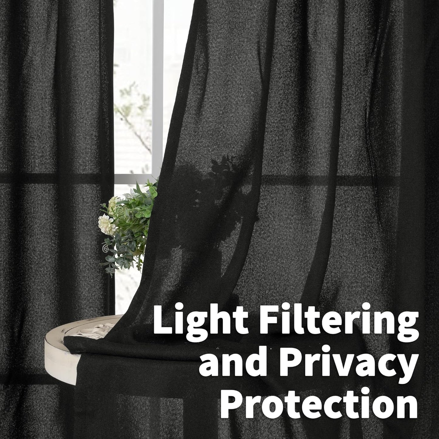 YoungsTex Black Linen Curtains 63 inch Length 2 Panels for Living Room, Back Tab and Rod Pocket Semi Sheer Drapes Light Filtering for Bedroom Gothic Decorative, 52 X 63 Inch