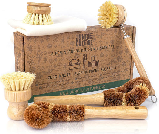 Jungle Culture® 6 Piece Natural Dish Brushes for Washing Up • Eco Dish Brush Kitchen Cleaning Set • Plant Based Coconut Scrubbers • Bottle/Pot Brush & Eco Friendly Scourer Sponge for Pans & Dishes