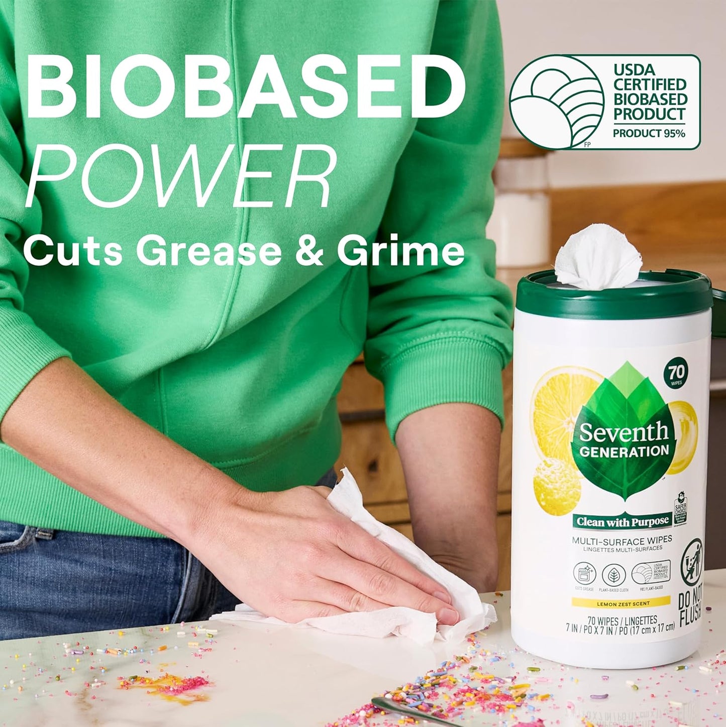 Seventh Generation Multi Surface Wipes All Purpose Cleaning Lemon Zest scent with 100% Essential Oils and Botanical Ingredients 70 count, Pack of 6