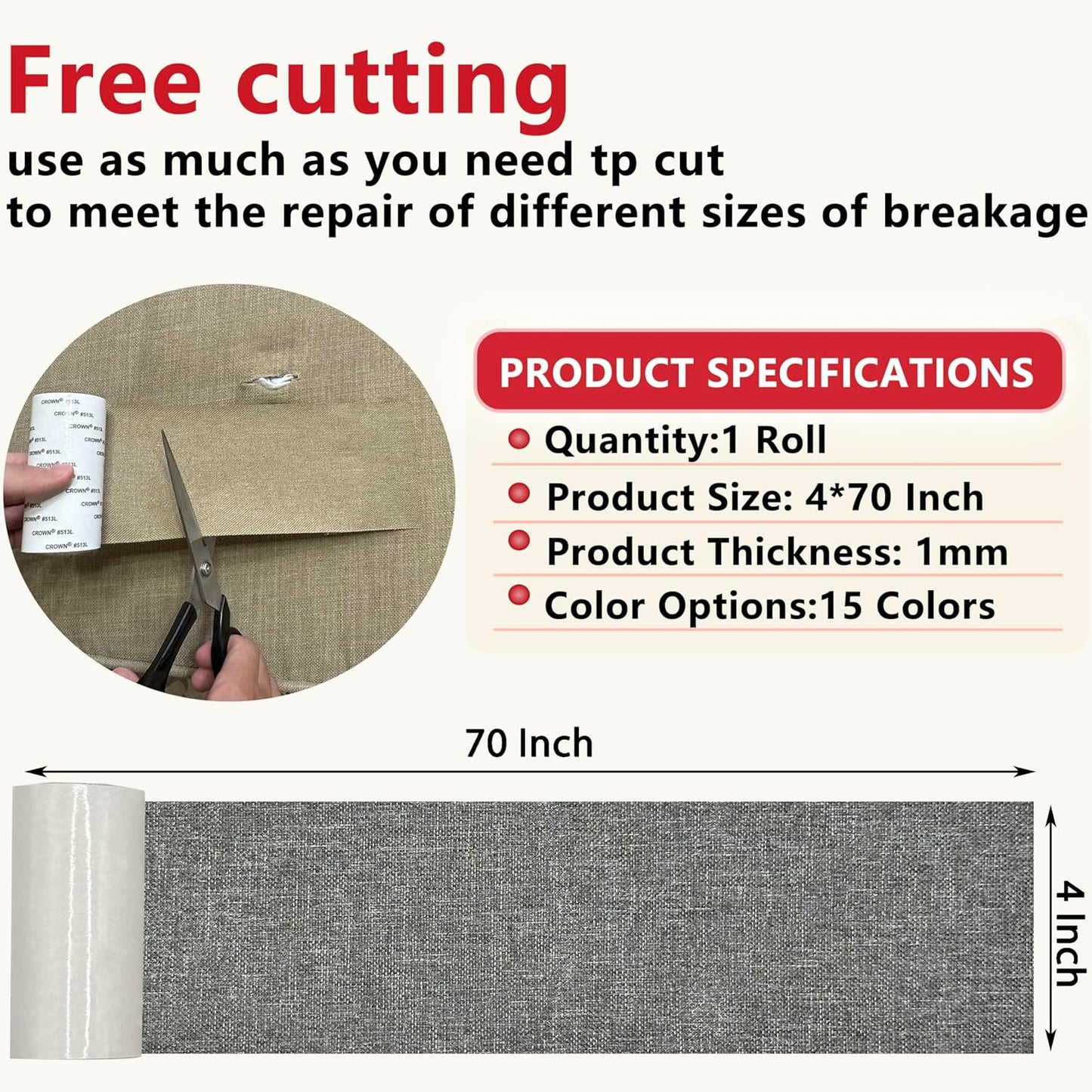 Linen Repair Tape 4x70 Inch Self-Adhesive Couch Patch Repair Fabric Patch for Furniture,Sofas,Cushion,Chairs,Bags,Linen Goods(Grey)