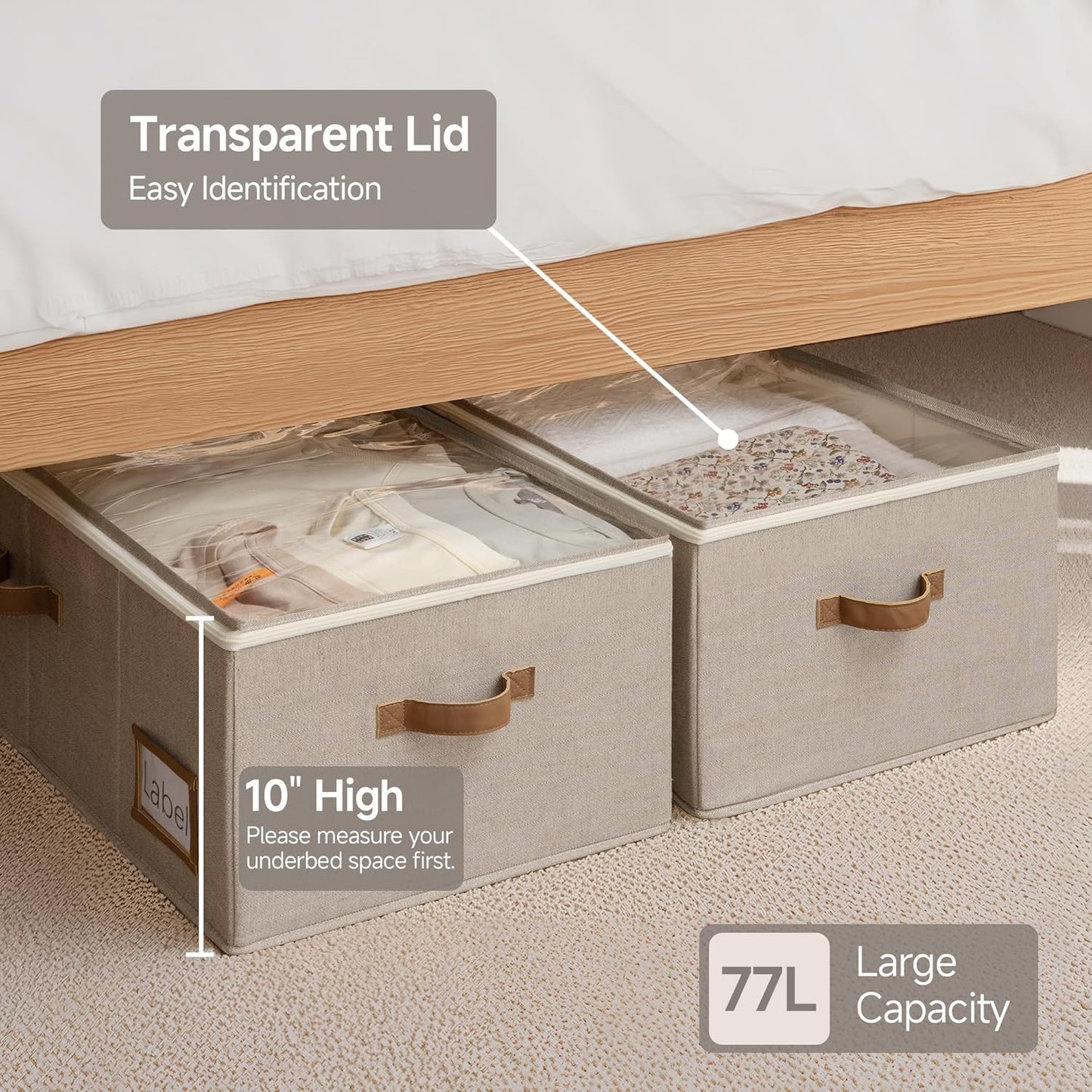 StorageWorks Under Bed Storage Bins, 10'' Underbed Storage Containers with Lid, 90L Clothes Organizer for Bedding, Blankets, Sweaters, Shoes, 2-Pack