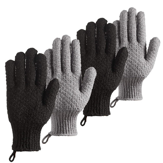 Bath Exfoliating Gloves - 4 Pcs Lengthened and Large Scrubbing Gloves for Shower, Spa, Massage - Scrub Mitts for Body, Face, Hand and Foot (Black and Gray)