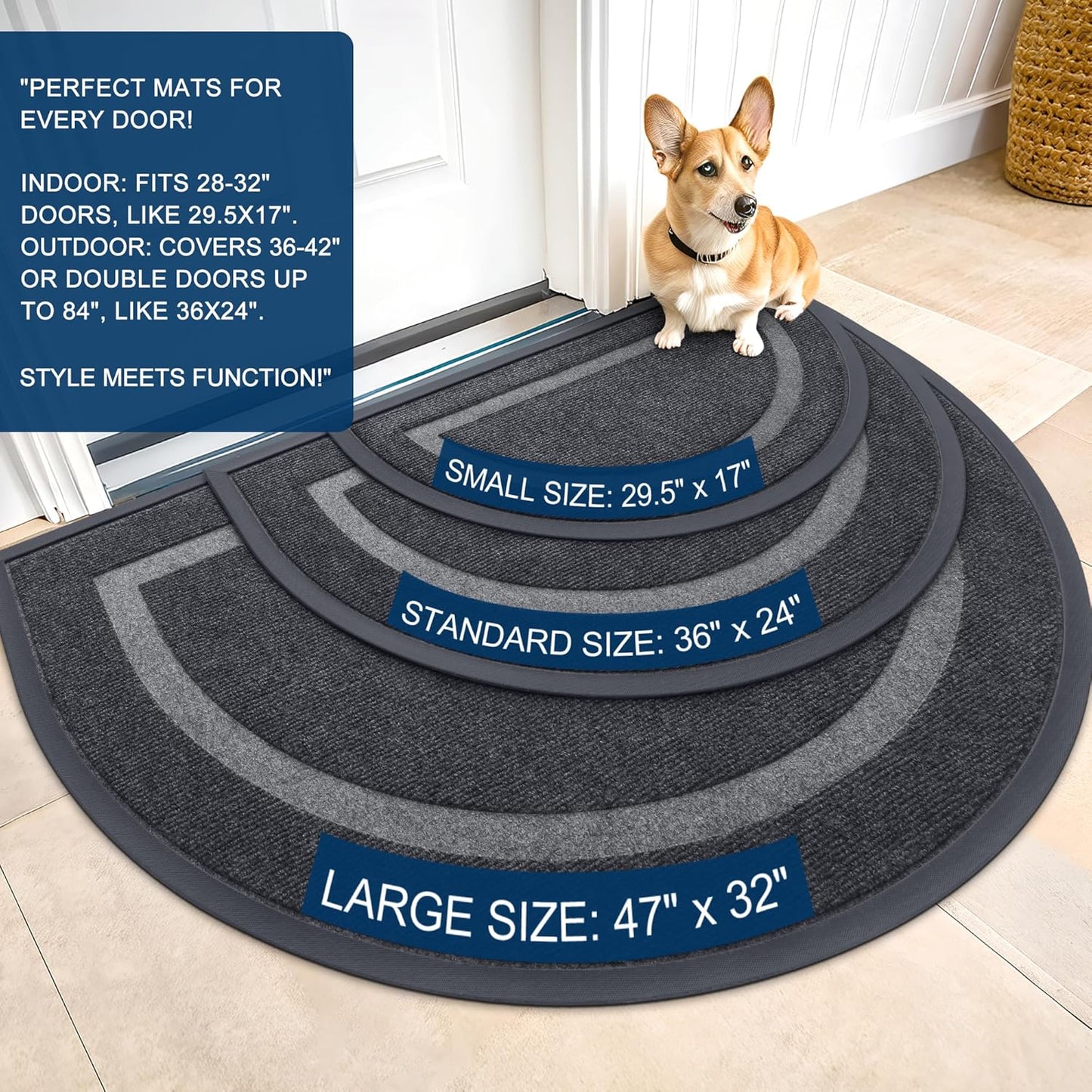 OLANLY Half Circle Door Mat Indoor Outdoor Entrance Welcome, Waterproof All-Season, All-Weather Doormat, Sturdy Natural Rubber, Low Profile, Easy Clean Patio Porch Entryway Mat, 47x32, Grey