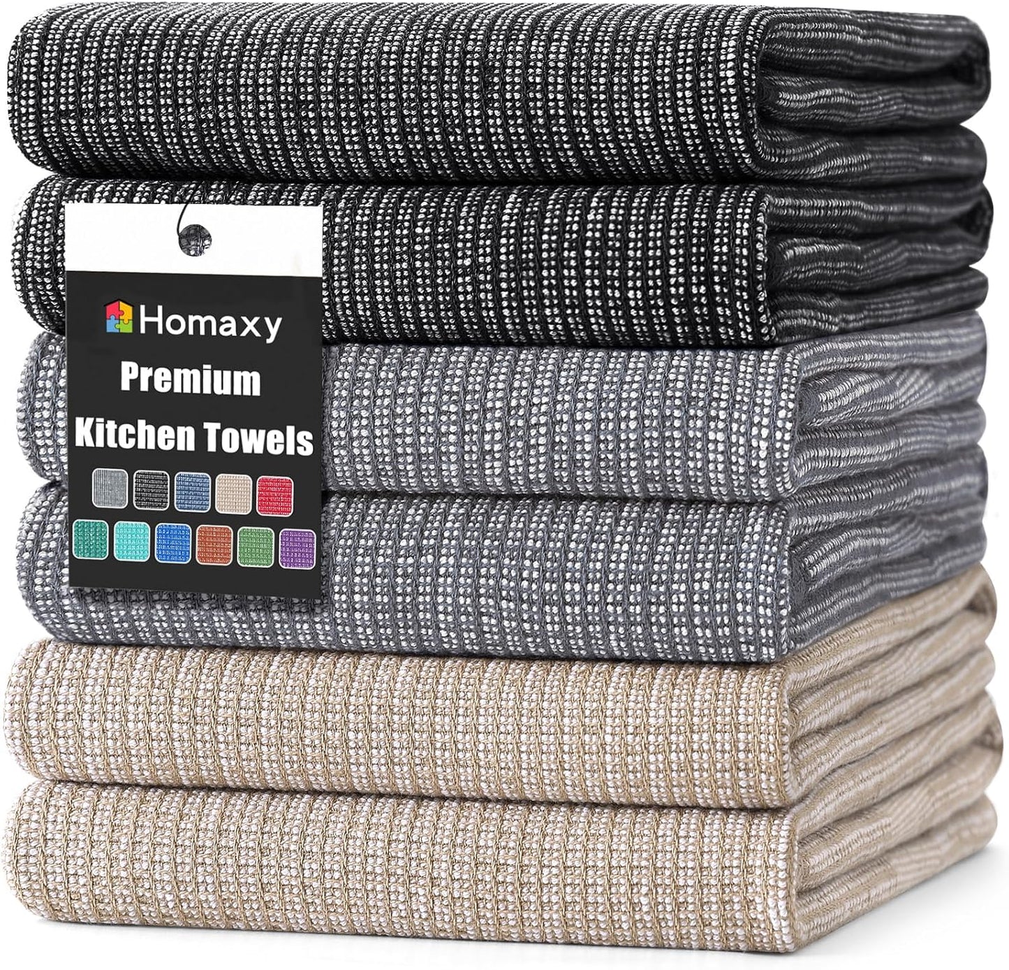 Homaxy Premium Kitchen Towels(18”x 28”, 6 Pack), Large Cotton Kitchen Hand Towels, Flat and Terry Dish Towels, 380 GSM Highly Absorbent Tea Towel Set with Hanging Loop, Grey/Khaki/Black