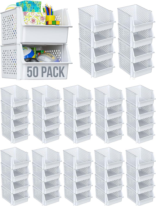 Skywin Plastic Stackable Storage Bins for Pantry - Stackable Bins for Organizing Food, Kitchen, and Bathroom Essentials (White - 50 Pack)