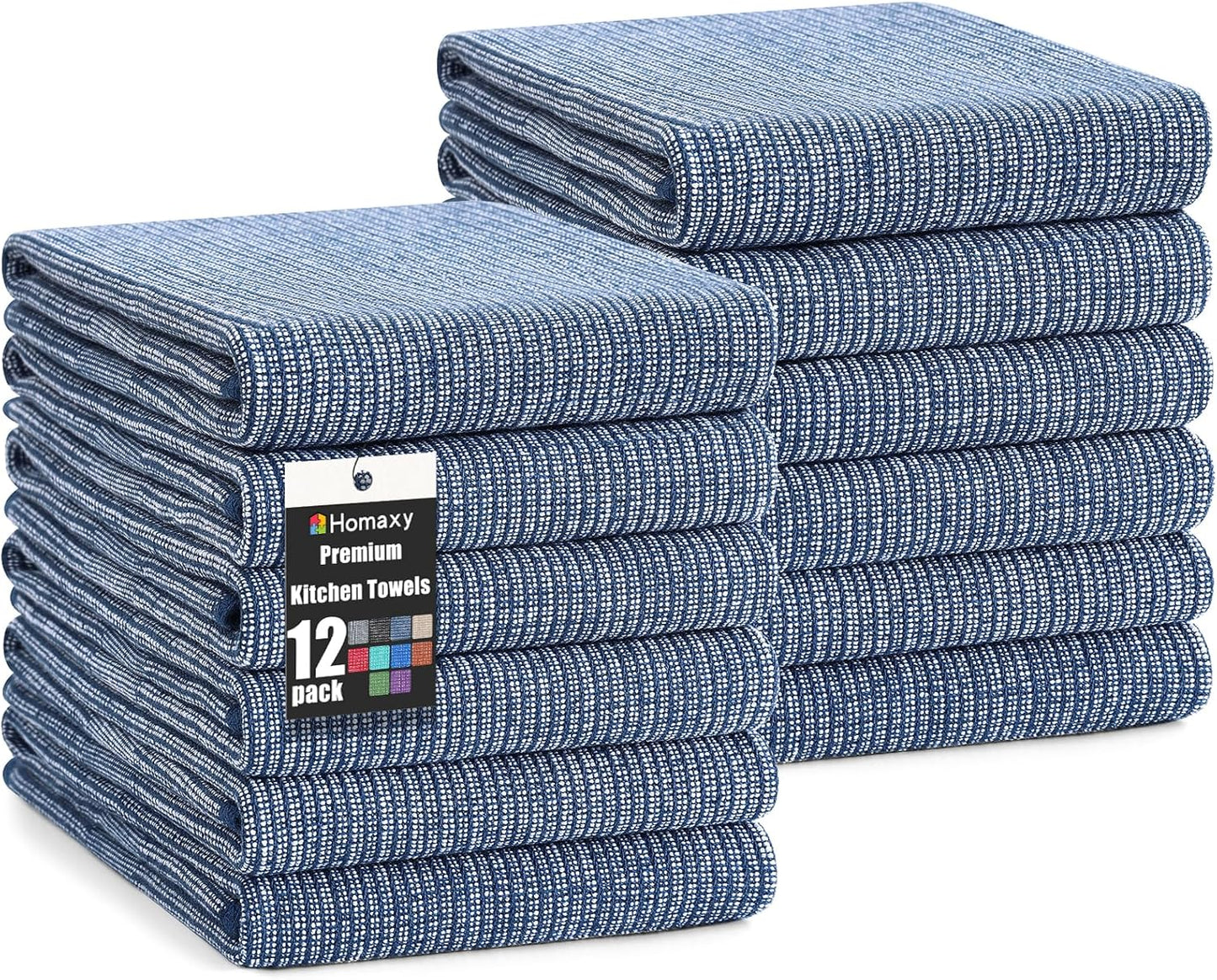 Homaxy Premium Kitchen Towels(18”x 28”, 12 Pack), Large Cotton Kitchen Hand Towels, Flat and Terry Dish Towels, 380 GSM Highly Absorbent Tea Towel Set with Hanging Loop, Navy Blue