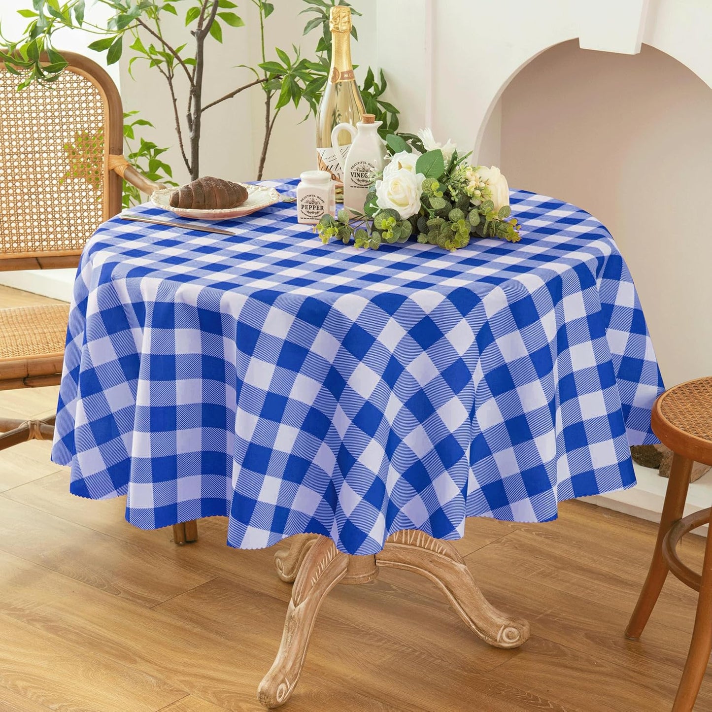 Waterproof Plaid Tablecloth Fabric - Round 58 Inch Classic Gingham Checker Table Cloth for Indoor/Outdoor Use - Buffalo Table Cover for Picnics, BBQs, and Parties