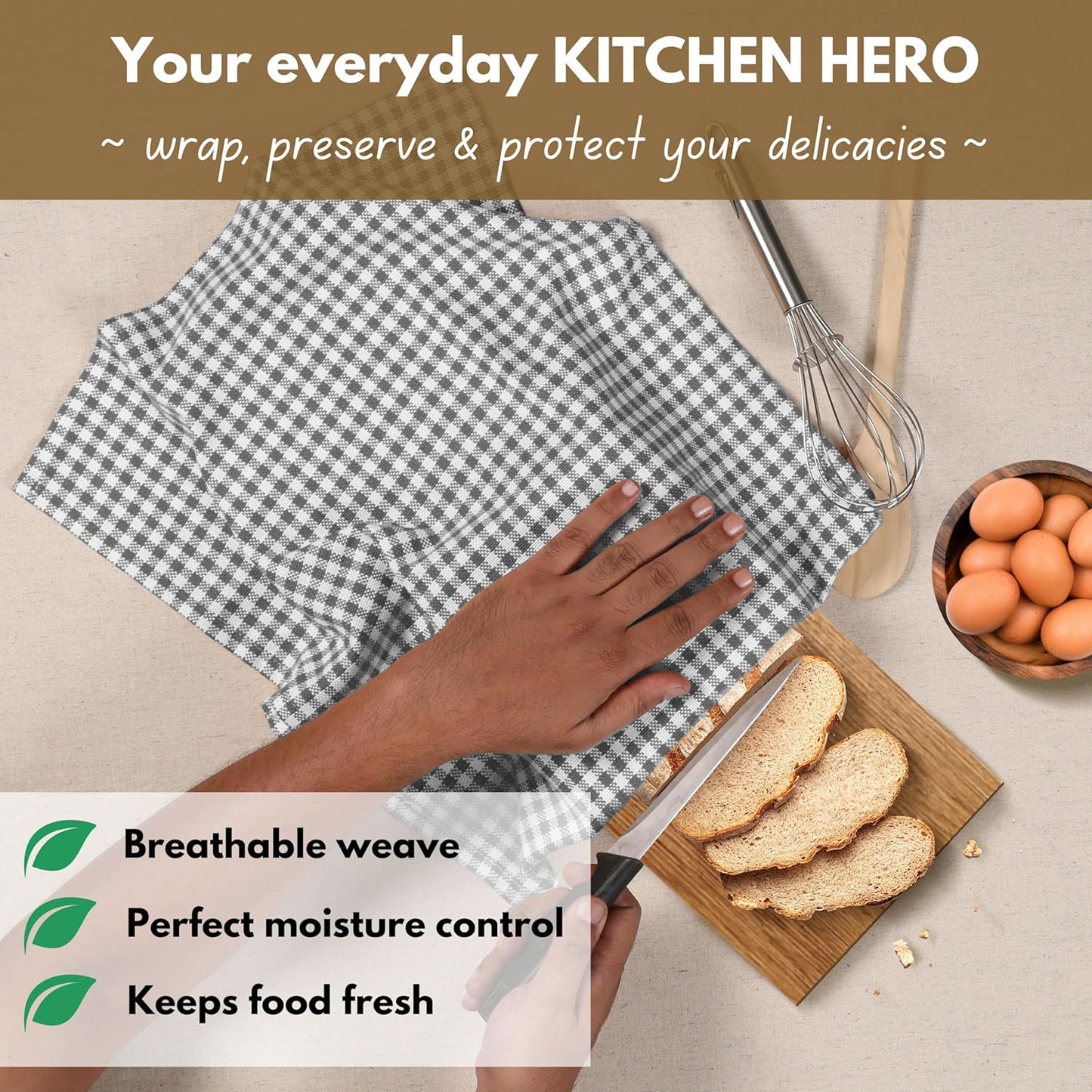 Native Fab Gingham Kitchen Towels 6 Pack, 100% Cotton 16x26 Inch, Absorbent & Washable Tea Towels, Soft Dish Cloths with Hanging Loop for Drying & Cleaning, Grey White