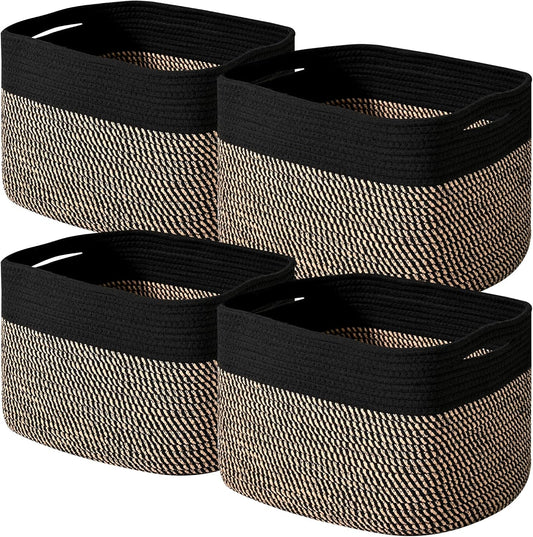 Storage Baskets for Shelves Organizing, Woven Cotton Rope Baskets for Storage, Book Basket, Decorative Shelf Basket, 12.5"Lx9.1''Wx7.9''H (4 Packs) Black & Jute