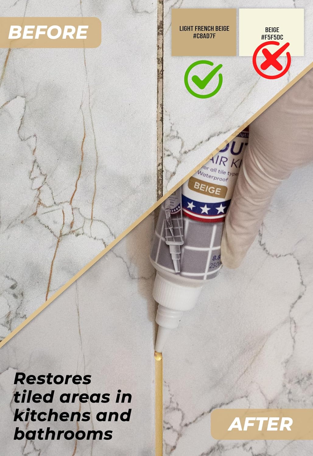 Tile Grout Repair Kit, Beige 8.8 oz/250gr. Fast Drying Grout Filler Tube Repair Kit, Grout Sealer Restore and Renewer for Bathroom Floor Tiles, Gaps, Joints, Lines