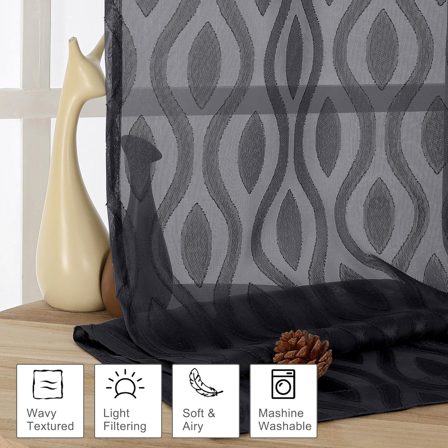 Aiyufeng Black Sheer Curtains 63 Inch Length 2 Panels Set, Solid Airy Light Filtering Voile for Bedroom Living Room, Modern Wavy Line Privacy Farmhouse Curtains, 40" W X 63" L