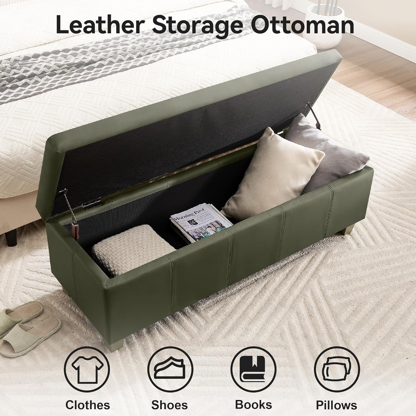 41" Faux Leather Storage Ottoman, Stitch Tufted Rectangle Upholstered End of Bed Storage Bench, Entryway Large Couch Ottoman with Wooden Legs,Green