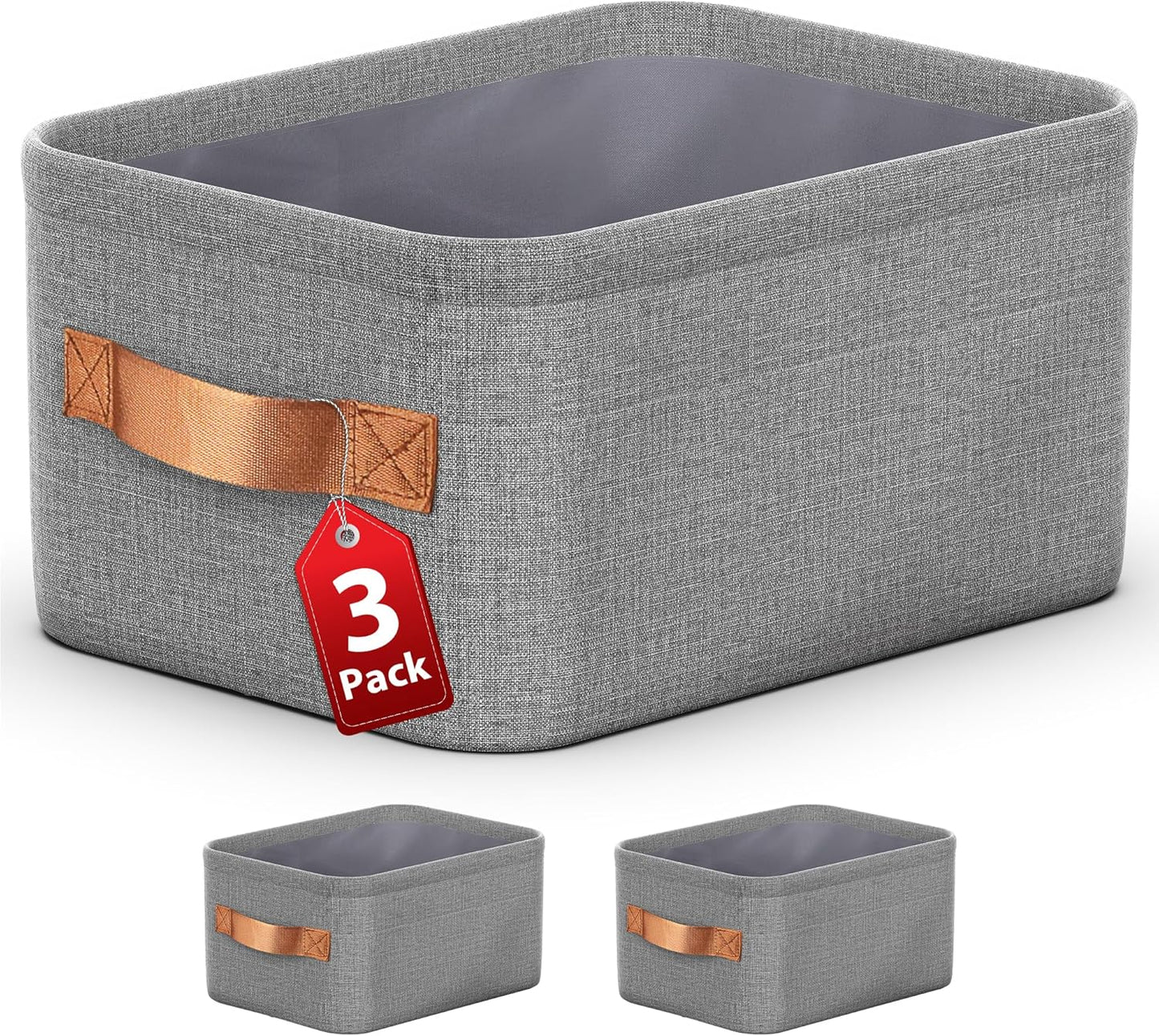 Large Storage Baskets for Shelves 3 Packs, Fabric Storage Bins for Shelves with Handles, 16.1'' L ×12.2'' W × 8.2'' H Collapsible Baskets for Organizing Clothes, Toy, Grey