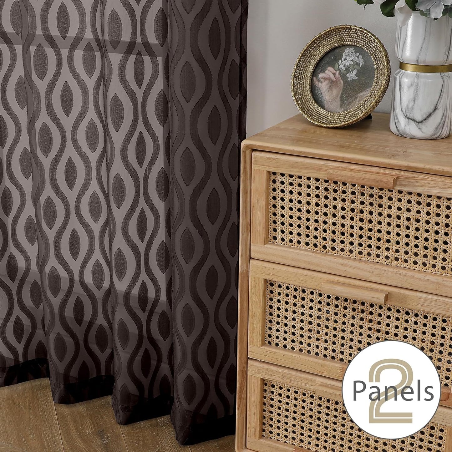 Aiyufeng Brown Sheer Curtains Tiers 36 Inch Length 2 Panels, Airy Lightweight Clip Jacquard Short Kitchen Window Curtains, Modern Wavy Line Textured Voile Sheer Curtain Panles, 40" Wx36 L Inches