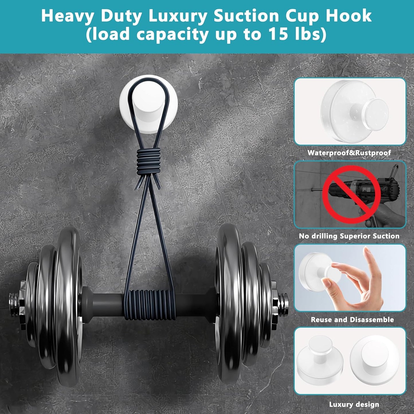 Suction Cup Hooks for Shower,Removable No Drill Towel Hooks,Upgraded 15 lbs Strong Suction hooks for Bathroom Tile,Shower Wall,Glass Door,Kitchen-Loofah,Coat,Stainless Waterproof-White 4 Pcs