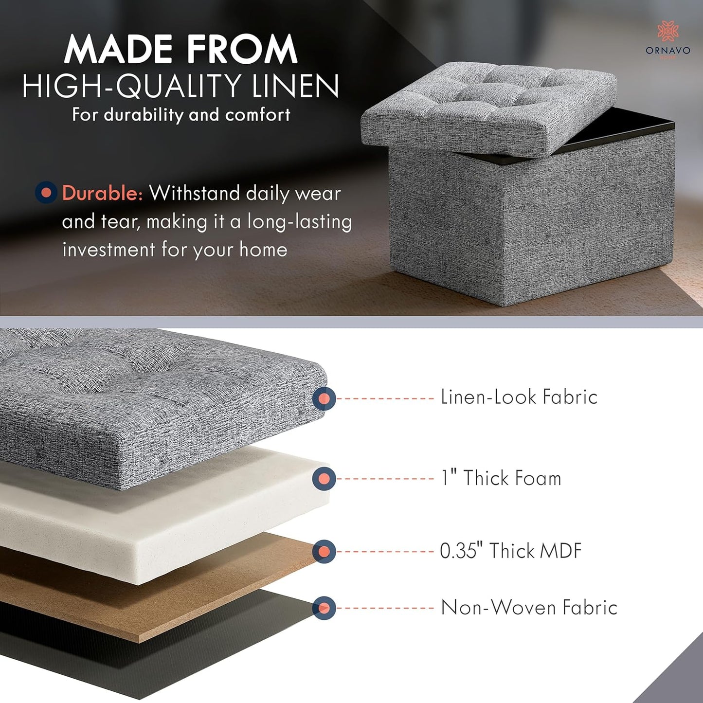 Ornavo Home Small Storage Ottoman, Set of 2, Foldable Collapsible Rectangle Linen Ottoman Foot Rest Stool Seat, for Living Room, Bedroom, Home Office, Dorm - 12 x 16 x 12, Gray