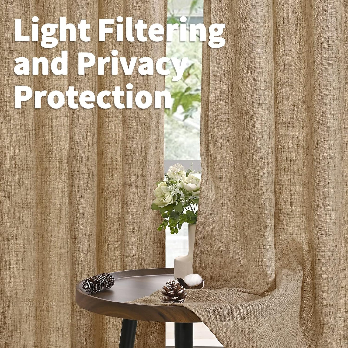 YoungsTex Toffee Linen Curtains 63 Inch Length for Short Living Room Window, Light Filtering Rod Pocket Burlap Textured Drapes for Bedroom Back Tab Rustic, 42 X 63 Inch, 2 Panels