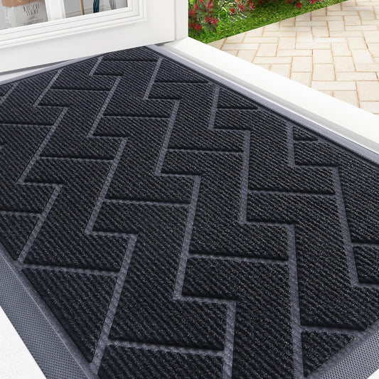 OLANLY Front Door Mat Indoor Outdoor Entrance, Waterproof All-Season, All-Weather Doormat, Sturdy Natural Rubber, Low Profile, Easy Clean Patio Porch Entryway Mat, Herringbone Brick (Black, 71x47)