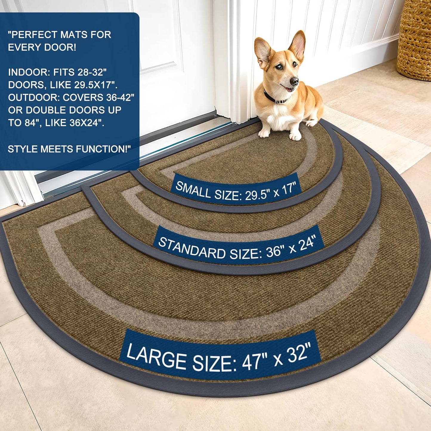 OLANLY Half Circle Door Mat Indoor Outdoor Entrance Welcome, Waterproof All-Season, All-Weather Doormat, Sturdy Natural Rubber, Low Profile, Easy Clean Patio Porch Entryway Mat, 71x47, Brown